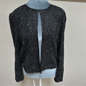 Vintage Chaudry Black Silk Embroidered Floral Beaded Evening Jacket Coat Wrap M